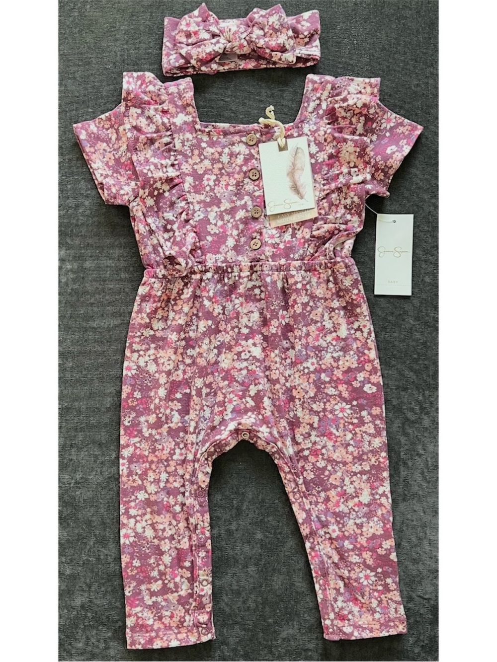 NWT Jessica Simpson Girls Floral Coverall and Headband Set Size 12 Months